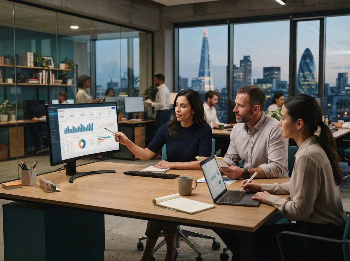 Portal Investorio team reviewing portfolio analytics on screen